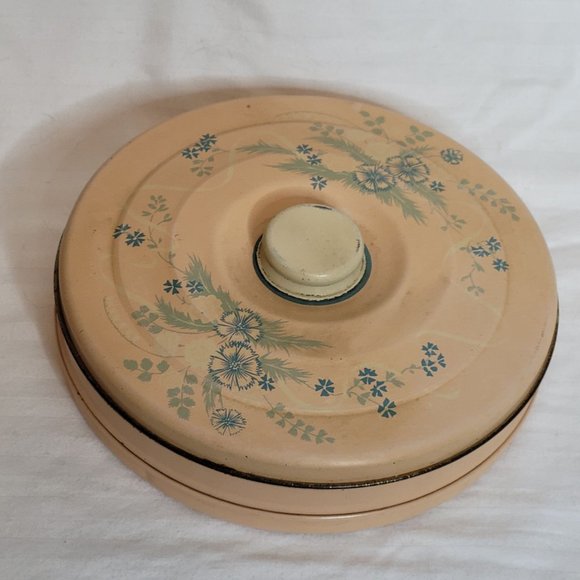 Vintage Metal Candy Tin MCM Retro Light Pink Blue Floral 7.5 Inches Light Wear - Picture 1 of 12